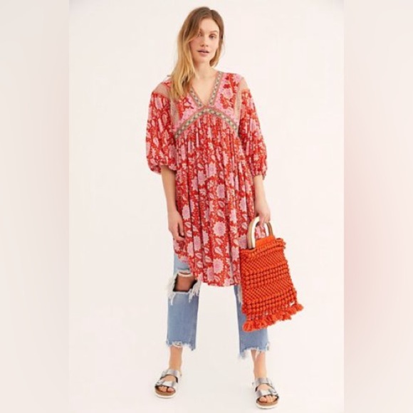 Free People Tops - Free People High-Low Puff Sleeve Tie Back Dress Tunic Moon Child Maxi Top Sz L